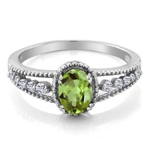 1.01 Ct Oval Green Peridot White Topaz 925 Sterling Silver Ring